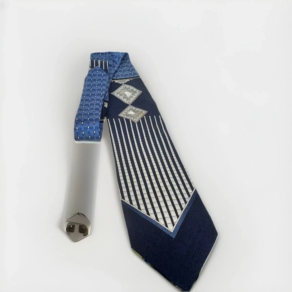Feraud Dress Tie Blue Solid Print Diamonds Silver 55
